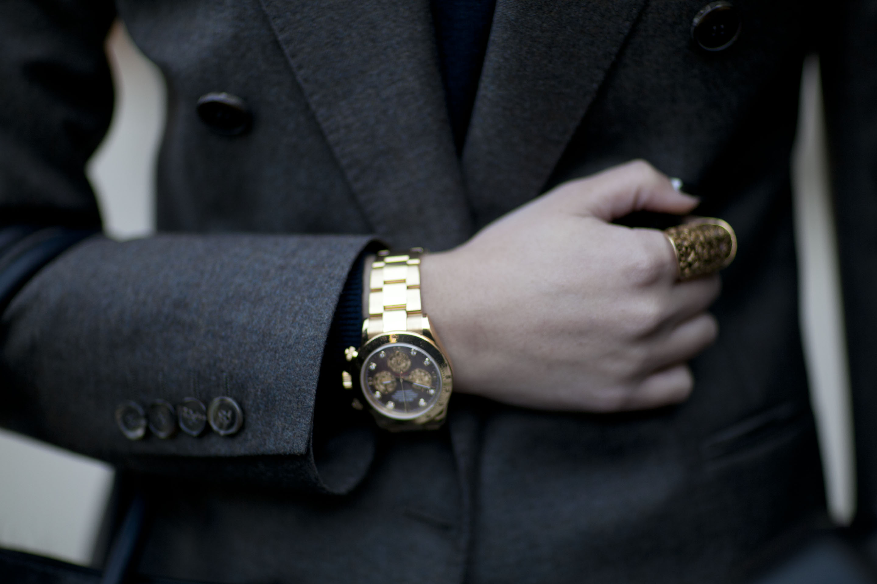 A gold watch and bold statement ring completed this menswear-inspired look.
A gold watch and bold statement ring completed this menswear-inspired look.