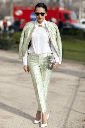 High-shine brocade gave this suiting a more dramatic finish.
High-shine brocade gave this suiting a more dramatic finish.