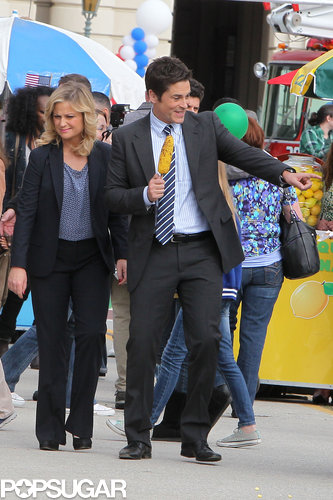 Amy Poehler and an excited Rob Lowe worked on a scene.
Amy Poehler and an excited Rob Lowe worked on a scene.