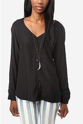 Silence & Noise Silky V-Neck Button-Down Shirt