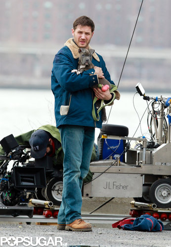Tom Hardy Cuddles Up to a Canine Costar on Set Tom Hardy Cuddles Up to a Canine Costar on Set