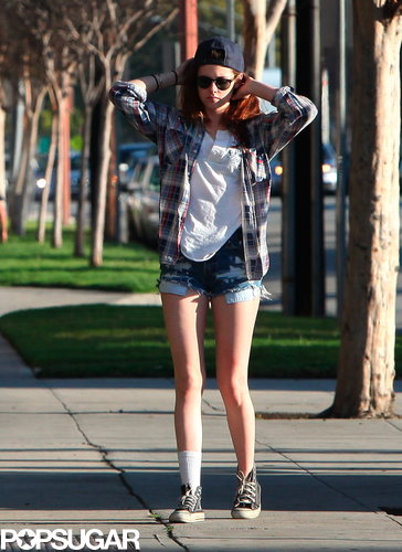Kristen Stewart wore cutoff shorts.
Kristen Stewart wore cutoff shorts.
