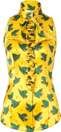 LWren Scott Chartreuse/Green Bird Printed Silk Top with Ruffle