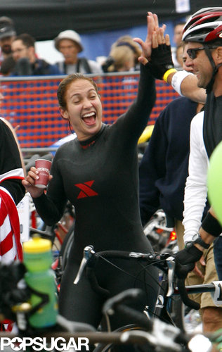 In September 2008, Jennifer Lopez happily gave a pal a big clap during the Malibu Triathlon.
In September 2008, Jennifer Lopez happily gave a pal a big clap during the Malibu Triathlon.