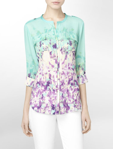 Floral Print Mandarin Collar Roll-Up Blouse