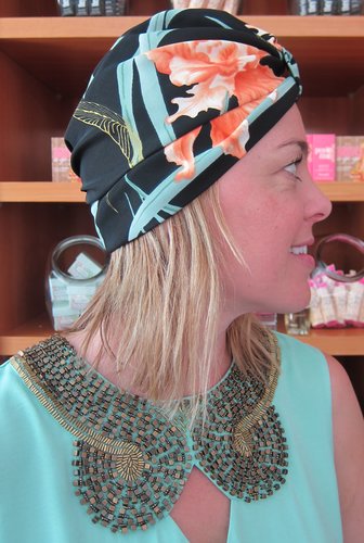 A tropical-print silk turban is glamorous while still feeling relaxed and carefree.
A tropical-print silk turban is glamorous while still feeling relaxed and carefree.