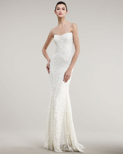 This Nicole Miller strapless lace bias gown ($2,995) would work well for a svelte bride that's not afraid to show off her figure. Just add a statement necklace for further flair.
This Nicole Miller strapless lace bias gown ($2,995) would work well for a svelte bride that's not afraid to show off her figure. Just add a statement necklace for further flair.
