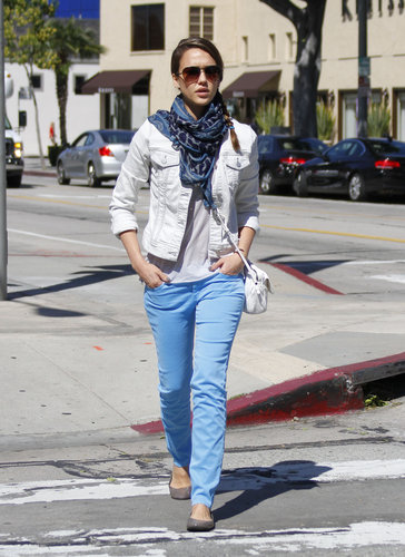 Jessica Alba topped her highlighter-blue denim with a Fluxus tank and a J Brand denim jacket while running errands. The actress accessorized her double denim look with a white crossbody bag, gray flats, and a blue leopard-print Theodora & Callum scarf.
Jessica Alba topped her highlighter-blue denim with a Fluxus tank and a J Brand denim jacket while running errands. The actress accessorized her double denim look with a white crossbody bag, gray flats, and a blue leopard-print Theodora & Callum scarf.