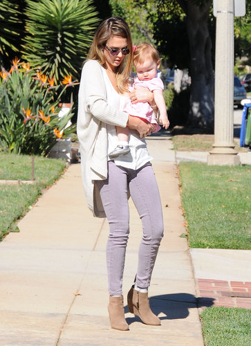The colored-jean queen wore light-purple Genetic Denim skinny jeans with a white tee and a slouchy shawl cardigan while taking Haven for a walk in LA. For accessories, the actress sported printed sunglasses and taupe wedge booties.
The colored-jean queen wore light-purple Genetic Denim skinny jeans with a white tee and a slouchy shawl cardigan while taking Haven for a walk in LA. For accessories, the actress sported printed sunglasses and taupe wedge booties.