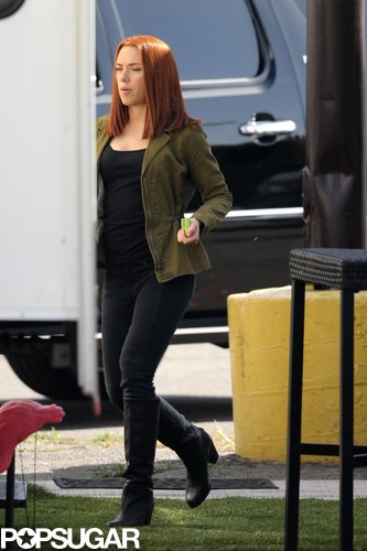 Scarlett Johansson Sports Red Hair on the Captain America Set Scarlett Johansson Sports Red Hair on the Captain America Set