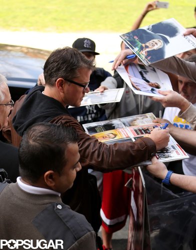 Matt Damon signed autographs before heading into Harvard University, where he was awarded the 2013 Harvard Arts Medal.
Matt Damon signed autographs before heading into Harvard University, where he was awarded the 2013 Harvard Arts Medal.