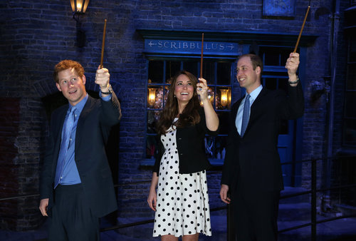 Pregnant Kate Middleton and Prince William got goofy with Prince Harry in London's Harry Potter film studio in April.
Pregnant Kate Middleton and Prince William got goofy with Prince Harry in London's Harry Potter film studio in April.