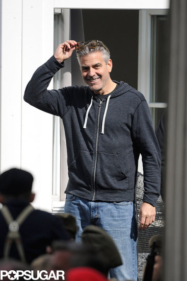 George Clooney smiled while filming The Monuments Men in Goslar, Germany, on Monday.
George Clooney smiled while filming The Monuments Men in Goslar, Germany, on Monday.
