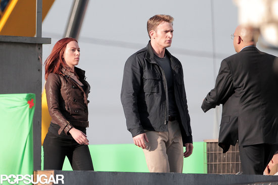 Scarlett Johansson and Chris Evans filmed a scene on a rooftop.
Scarlett Johansson and Chris Evans filmed a scene on a rooftop.