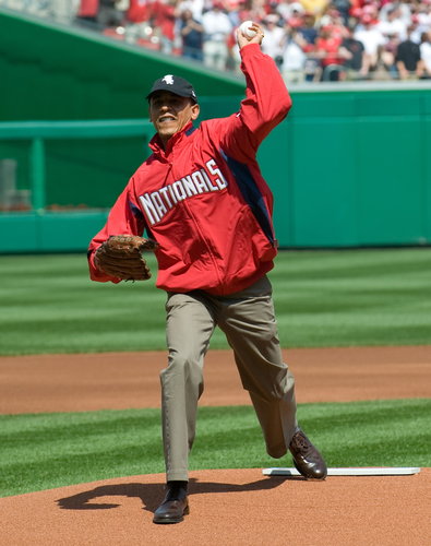 Barack Obama took the mound at the Washington Nationals game in April 2010.
Barack Obama took the mound at the Washington Nationals game in April 2010.