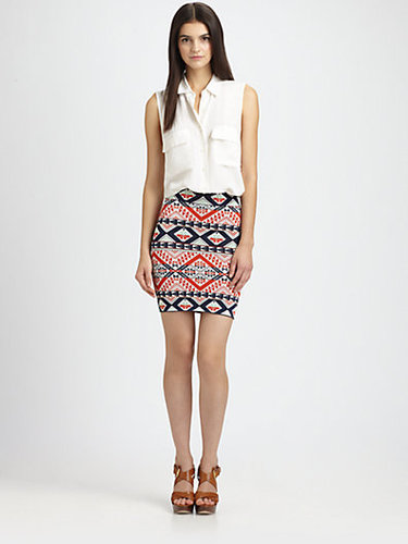 With this vibrant little BCBG Max Azria Starr Saffron printed body-con skirt ($198), you need little else but a white blouse to perfect your Cinco de Mayo look.
With this vibrant little BCBG Max Azria Starr Saffron printed body-con skirt ($198), you need little else but a white blouse to perfect your Cinco de Mayo look.