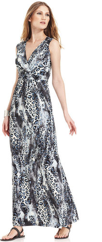 NY Collection Dress, Sleeveless Pleated Empire-Waist Animal-Print Maxi