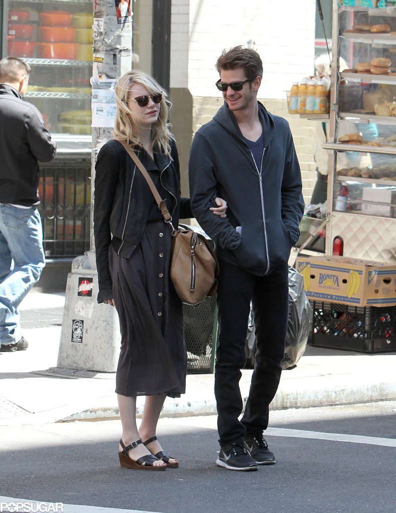 Andrew Garfield looked over at his girlfriend, Emma Stone, in NYC. Andrew Garfield looked over at his girlfriend, Emma Stone, in NYC.
