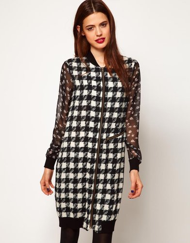 ASOS Shift Dress In Dogtooth Print With Floral Sleeves