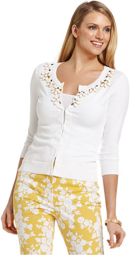 Charter Club Sweater, Three-Quarter-Sleeve Beaded Cardigan