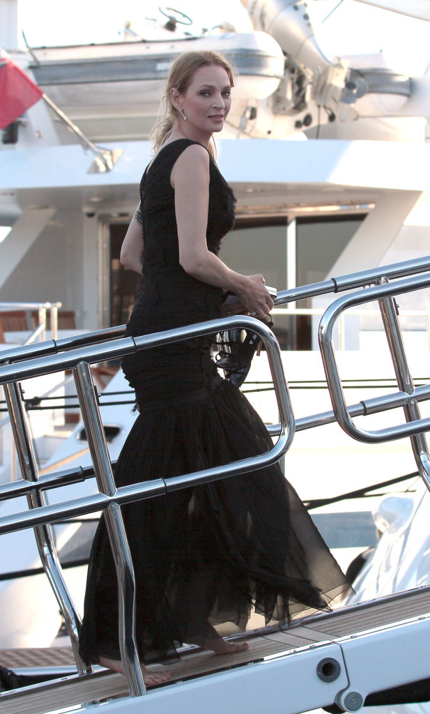 Uma Thurman boarded a yacht on Friday during the Cannes Film Festival.
Uma Thurman boarded a yacht on Friday during the Cannes Film Festival.