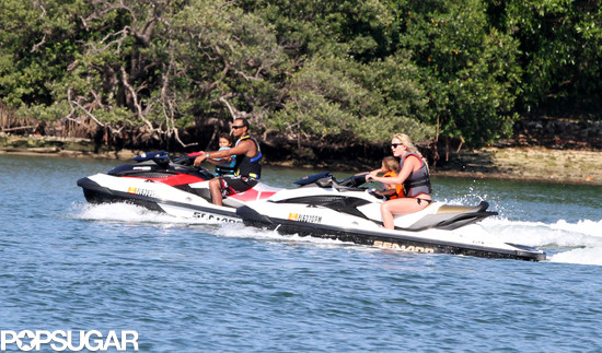 Lindsey Vonn and Tiger Woods took his kids, Sam and Charlie, for a ride on jet skis in Palm Beach.
Lindsey Vonn and Tiger Woods took his kids, Sam and Charlie, for a ride on jet skis in Palm Beach.