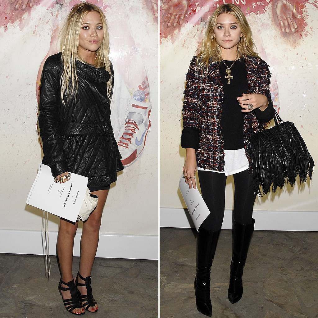 Twinning combo: Each girl put her own twist on cute yet casual styling for Antony Micallef's debut LA Show, Impure Idols, in September 2007.
Mary-Kate worked a quilted jacket over her black basics, then completed her edgy ensemble with caged sandals and a bevy of statement rings.
Ashley layered up in a black sweater, multicolored tweed jacket, sheen black leggings, and patent Christian Louboutin boots.
Twinning combo: Each girl put her own twist on cute yet casual styling for Antony Micallef's debut LA Show, Impure Idols, in September 2007.
Mary-Kate worked a quilted jacket over her black basics, then completed her edgy ensemble with caged sandals and a bevy of statement rings.
Ashley layered up in a black sweater, multicolored tweed jacket, sheen black leggings, and patent Christian Louboutin boots.