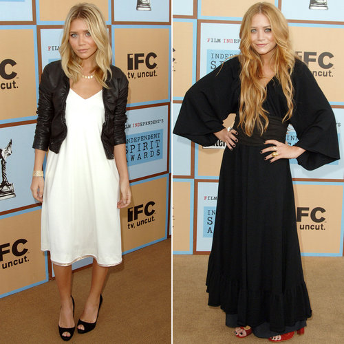 Twinning combo: For the 2006 Independent Spirit Awards, Mary-Kate and Ashley chose easy, breezy silhouettes in staple hues.
Ashley paired her white slip dress with a shrunken leather jacket and black peep-toes.
Mary-Kate donned a draping black gown with full sleeves and red peep-toe pumps.
Twinning combo: For the 2006 Independent Spirit Awards, Mary-Kate and Ashley chose easy, breezy silhouettes in staple hues.
Ashley paired her white slip dress with a shrunken leather jacket and black peep-toes.
Mary-Kate donned a draping black gown with full sleeves and red peep-toe pumps.