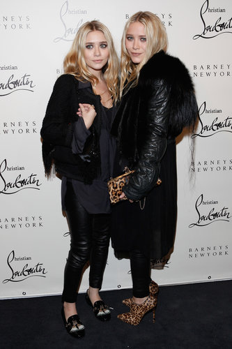 Twinning combo: For Christian Louboutin's November 2011 soiree the girls styled all-black ensembles with statement-making shoes.
Ashley juxtaposed edgy leather leggings with a smart tweed jacket and Christian Louboutin tasseled driving loafers.
Mary-Kate injected a pop of print with a leopard clutch and matching ankle booties, both by Christian Louboutin.
Twinning combo: For Christian Louboutin's November 2011 soiree the girls styled all-black ensembles with statement-making shoes.
Ashley juxtaposed edgy leather leggings with a smart tweed jacket and Christian Louboutin tasseled driving loafers.
Mary-Kate injected a pop of print with a leopard clutch and matching ankle booties, both by Christian Louboutin.