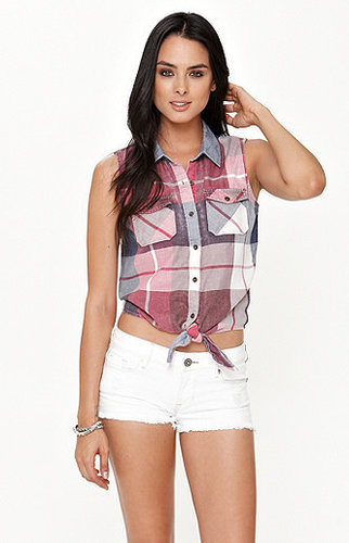 Black Poppy Plaid Tie Front Shirt