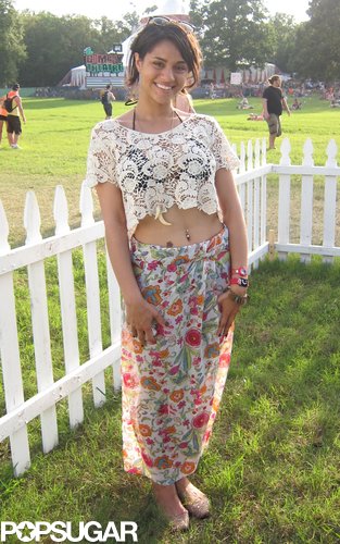 Rachel's girlie look wasn't too over-the-top, thanks to her mix-and-match approach. She paired a white lace crop top with a long, colorful floral skirt.
Rachel's girlie look wasn't too over-the-top, thanks to her mix-and-match approach. She paired a white lace crop top with a long, colorful floral skirt.