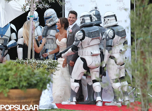 Matt Lanter and his bride, Angela Stacy, posed with Storm Troopers at their Malibu, CA, wedding.
Matt Lanter and his bride, Angela Stacy, posed with Storm Troopers at their Malibu, CA, wedding.