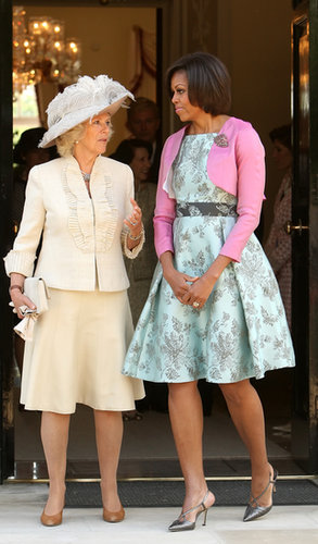 In May 2011, First Lady Michelle Obama chatted with Camilla, Duchess of Cornwall, as they left London's Winfield House.
In May 2011, First Lady Michelle Obama chatted with Camilla, Duchess of Cornwall, as they left London's Winfield House.