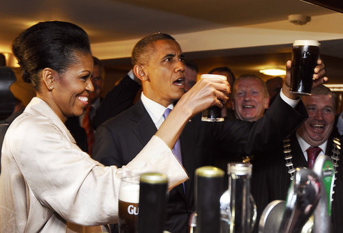 During a trip to Ireland in May 2011, the Obamas sipped Guinness at a pub in Moneygall, a rural village where the president's great-great-great-grandfather once lived.
During a trip to Ireland in May 2011, the Obamas sipped Guinness at a pub in Moneygall, a rural village where the president's great-great-great-grandfather once lived.