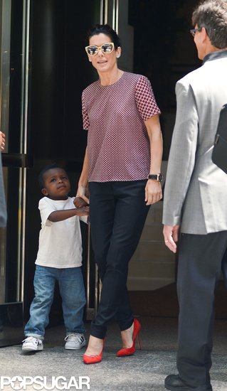 Sandra Bullock styled the red version of this Bec & Bridge blue Santa Maria tee ($143) with black trousers and red pumps in NYC.
Sandra Bullock styled the red version of this Bec & Bridge blue Santa Maria tee ($143) with black trousers and red pumps in NYC.