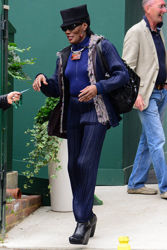 Fashion icons do love a good spectator sport! Grace Jones showed up for a Wimbledon set in shades of blue and a flat-topped hat.
Fashion icons do love a good spectator sport! Grace Jones showed up for a Wimbledon set in shades of blue and a flat-topped hat.