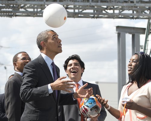 While at the Ubungo Plaza Symbion Power Plant in Tanzania in July, President Obama played with a special soccer ball that captures energy to charge LEDs.
While at the Ubungo Plaza Symbion Power Plant in Tanzania in July, President Obama played with a special soccer ball that captures energy to charge LEDs.
