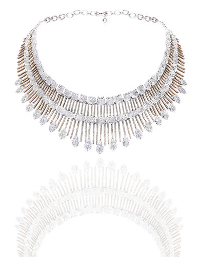 Cushion-shaped diamonds, pear-shaped and brilliant-cut white diamond collar necklace set in 18-karat white gold and titanium.
Source: Chopard
Cushion-shaped diamonds, pear-shaped and brilliant-cut white diamond collar necklace set in 18-karat white gold and titanium.
Source: Chopard