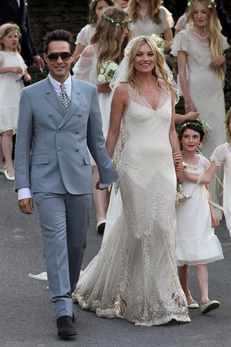 Boho dresser Kate Moss married Jamie Hince in a fittingly romantic John Galliano gown in July 2011.
Boho dresser Kate Moss married Jamie Hince in a fittingly romantic John Galliano gown in July 2011.