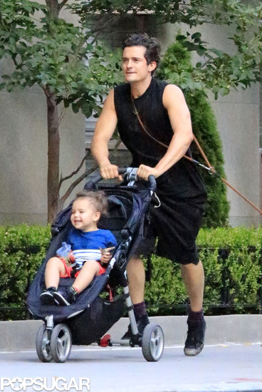 Orlando Bloom pushed Flynn during a jog around NYC. Orlando Bloom pushed Flynn during a jog around NYC.