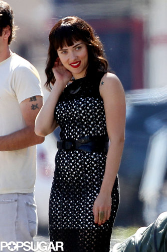 Scarlett Johansson wore a dark wig on the set of her new film, Chef, in LA.
Scarlett Johansson wore a dark wig on the set of her new film, Chef, in LA.