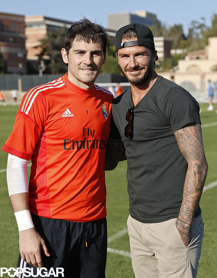 Real Madrid player Iker Casillas posed with David Beckham on the field.
Real Madrid player Iker Casillas posed with David Beckham on the field.