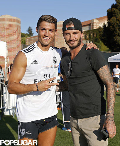David Beckham posed with Cristiano Ronaldo after the Real Madrid training session at UCLA.
David Beckham posed with Cristiano Ronaldo after the Real Madrid training session at UCLA.