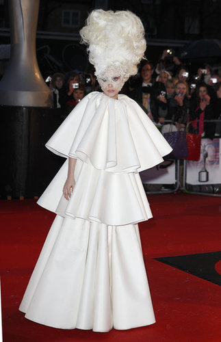 Gaga was a vision in white in the tiered gown by Francesco Scognamiglio that she wore to the Brit Awards in 2010.
Gaga was a vision in white in the tiered gown by Francesco Scognamiglio that she wore to the Brit Awards in 2010.