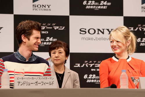 Emma Stone and Andrew Garfield shared a laugh in Tokyo during their June 2012 The Amazing Spider-Man press conference.
Emma Stone and Andrew Garfield shared a laugh in Tokyo during their June 2012 The Amazing Spider-Man press conference.