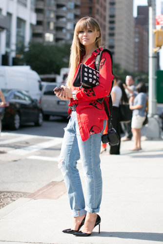 She gave jeans a jolt with an edgy button-down and an embellished clutch in hand.
She gave jeans a jolt with an edgy button-down and an embellished clutch in hand.