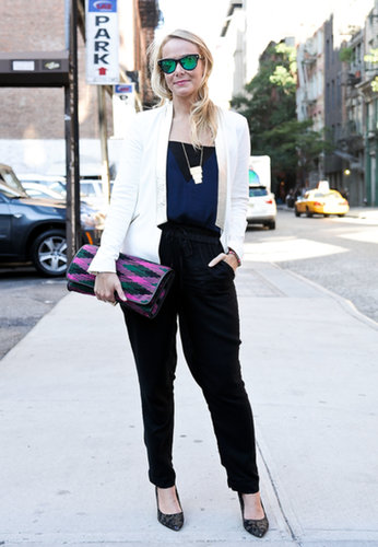 Reflective shades and a bold clutch made this look pop.
Reflective shades and a bold clutch made this look pop.