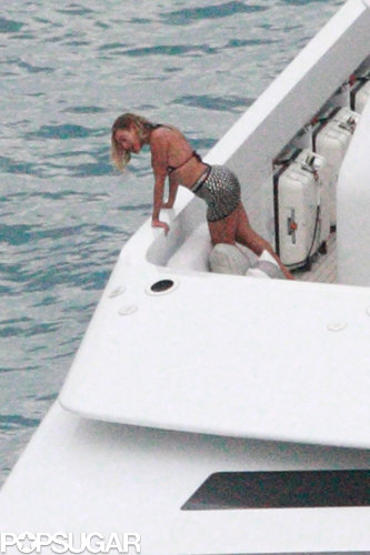 Beyoncé prepared to jump from on top of her big boat.
Beyoncé prepared to jump from on top of her big boat.
