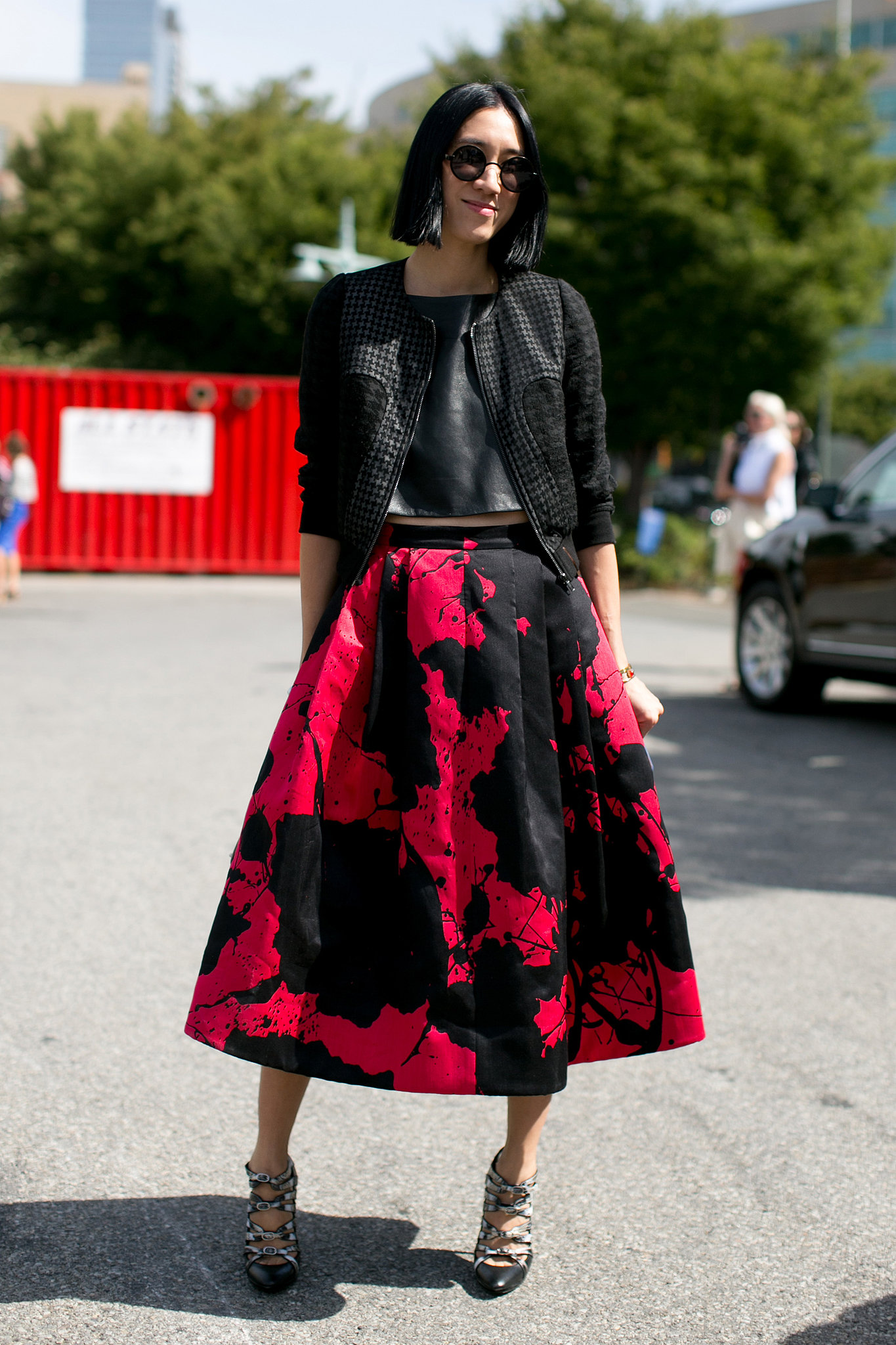 Eva Chen paired her girlie-cool Tibi skirt with a perforated jacket. 
