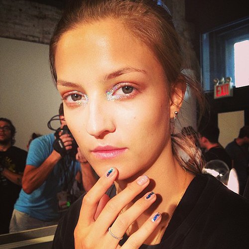 The look at ICB by Prabal Gurung had a holographic effect; the nails featured simple, linear nail art.
The look at ICB by Prabal Gurung had a holographic effect; the nails featured simple, linear nail art.